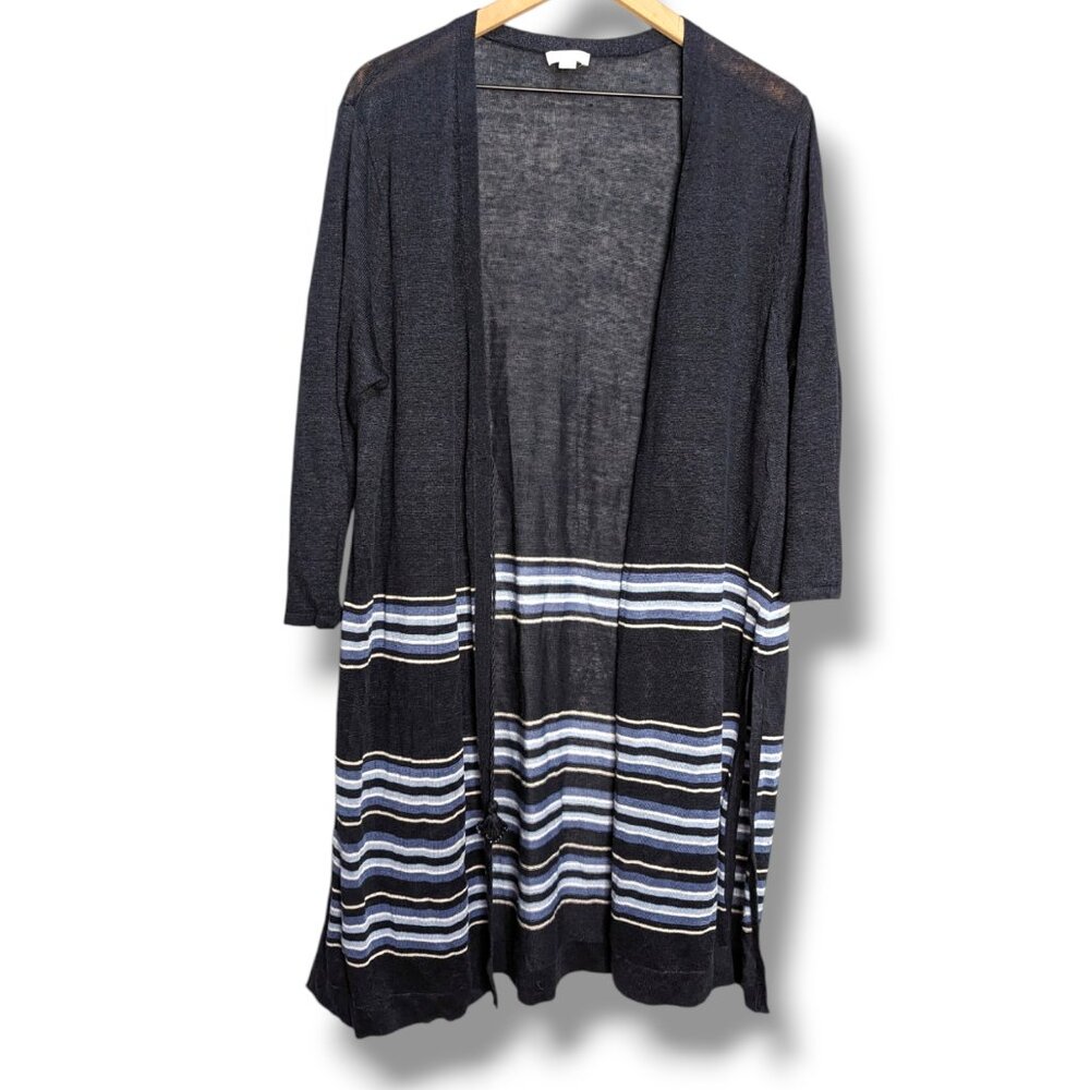J Jill XL Cardigan Sweater Tie Waist Linen Blend Lightweight Blue Stripe Beach